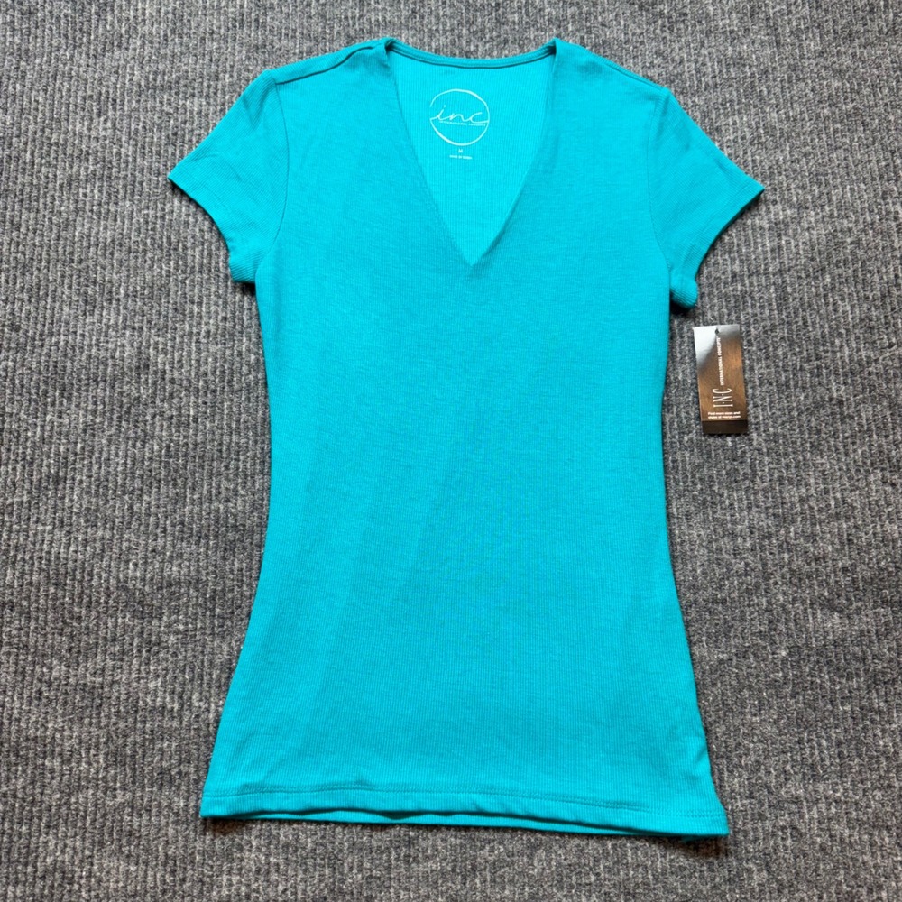 Womens Teal Glow Ribbed V-Neck T-Shirt Size M NEW INC International Concepts